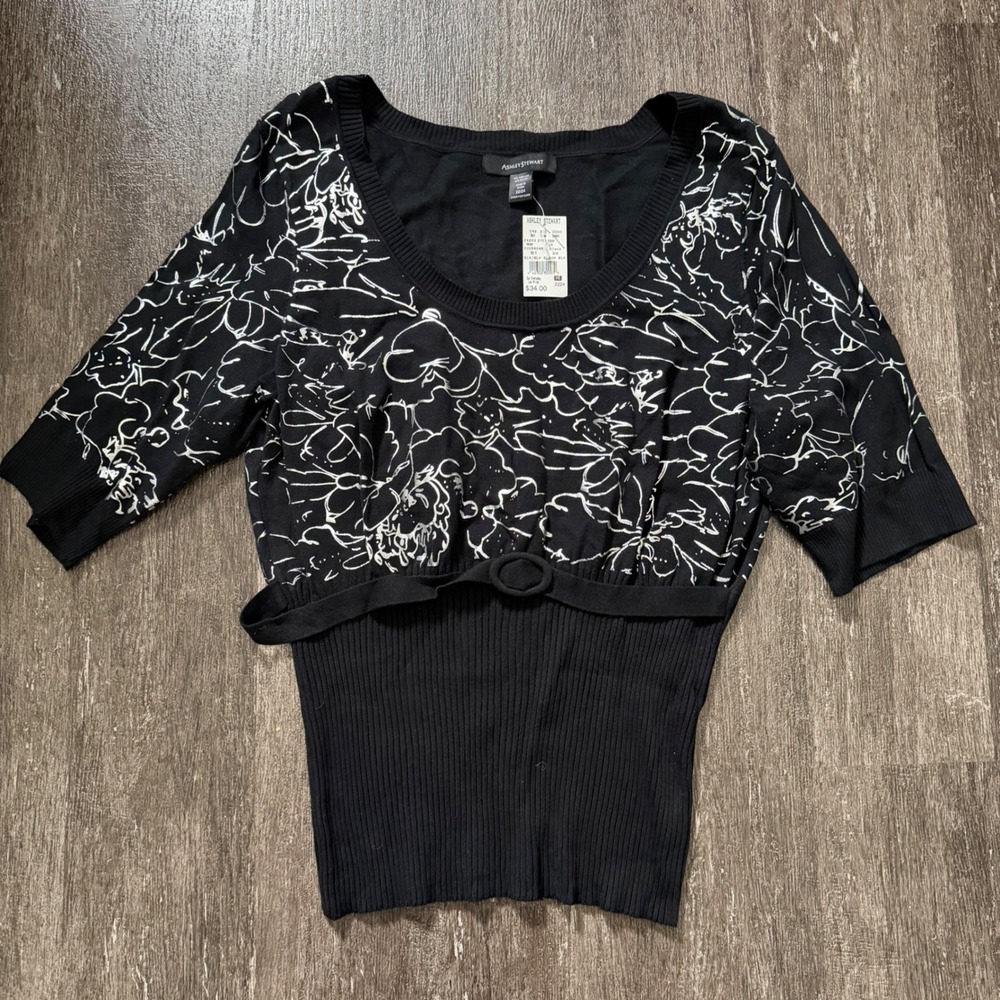 Vintage Ashley Stewart Knit Top Women 22/24 Black Silver‎ Floral Metallic NWT
